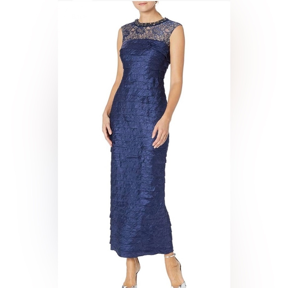 London Times Pleated Evening Gown Lace Yoke Beaded Jeweled Neck Navy Blue 14